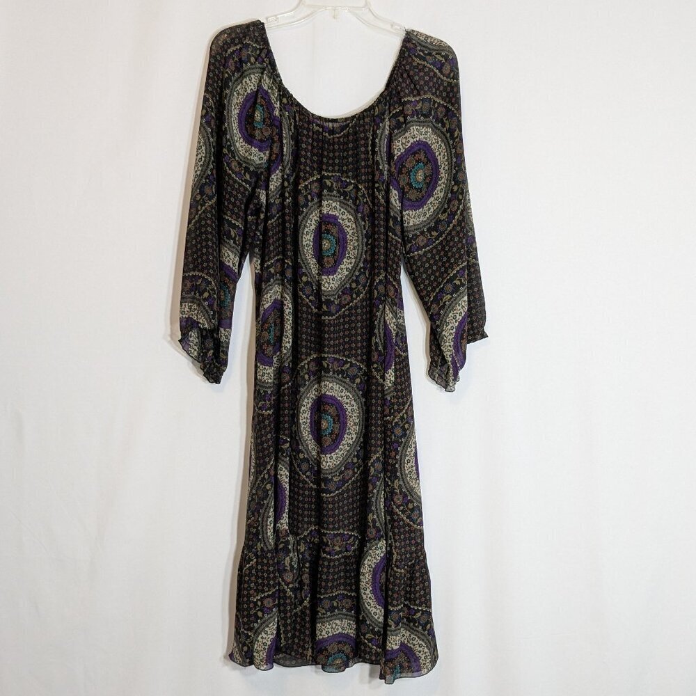 Multi-Colored Semi-Sheer Chiffon Boho Peasant Midi Dress; Size L-XL